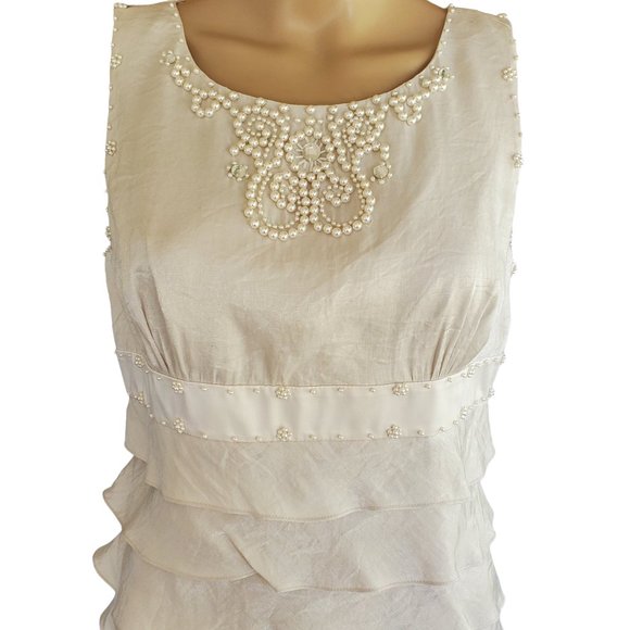 VTG Adrianna Papell Beaded Sleeveless Dress Women's 10 Rayon Ivory Lined Ruffles - Picture 5 of 15
